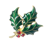 Christmas Holly Pin Brooch Pendant With Enamel And Sparkling Czech Crystals | Gold Plated
