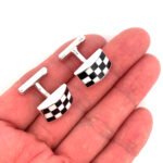 Chequered Rectangular Fixed Post Cufflinks Set With Enamel In 925 English Hallmarked Sterling Silver