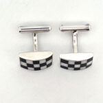 Chequered Rectangular Fixed Post Cufflinks Set With Enamel In 925 English Hallmarked Sterling Silver