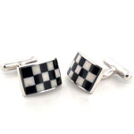 Chequered Rectangular Fixed Post Cufflinks Set With Enamel In 925 English Hallmarked Sterling Silver