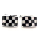 Chequered Rectangular Fixed Post Cufflinks Set With Enamel In 925 English Hallmarked Sterling Silver
