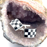 Chequered Rectangular Fixed Post Cufflinks Set With Enamel In 925 English Hallmarked Sterling Silver