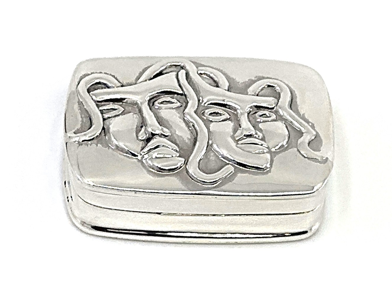 PB492 (9) Comedy and Tragedy Pill Box, finished in 925 English Hallmarked Sterling Silver
