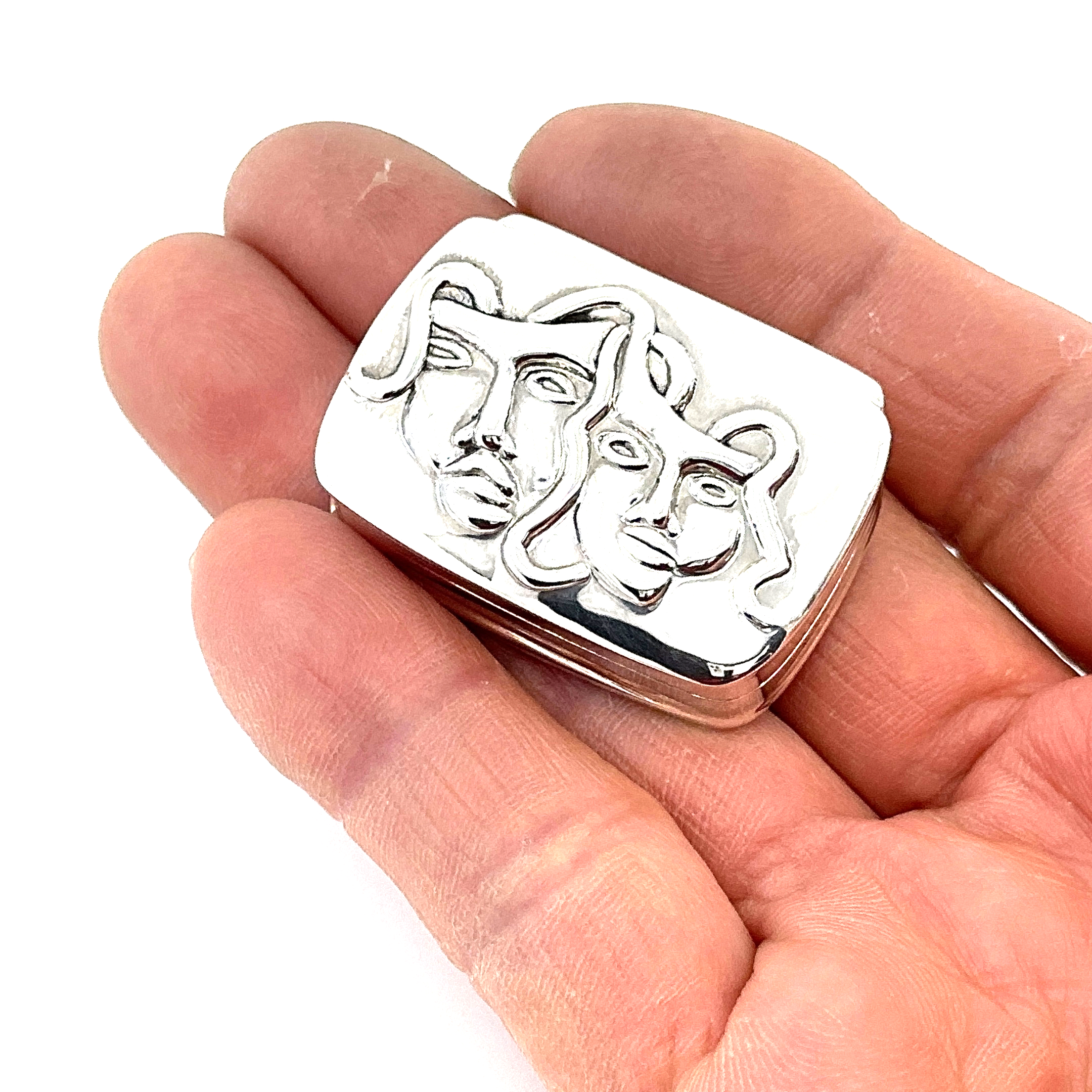 PB492 (6) Comedy and Tragedy Pill Box, finished in 925 English Hallmarked Sterling Silver