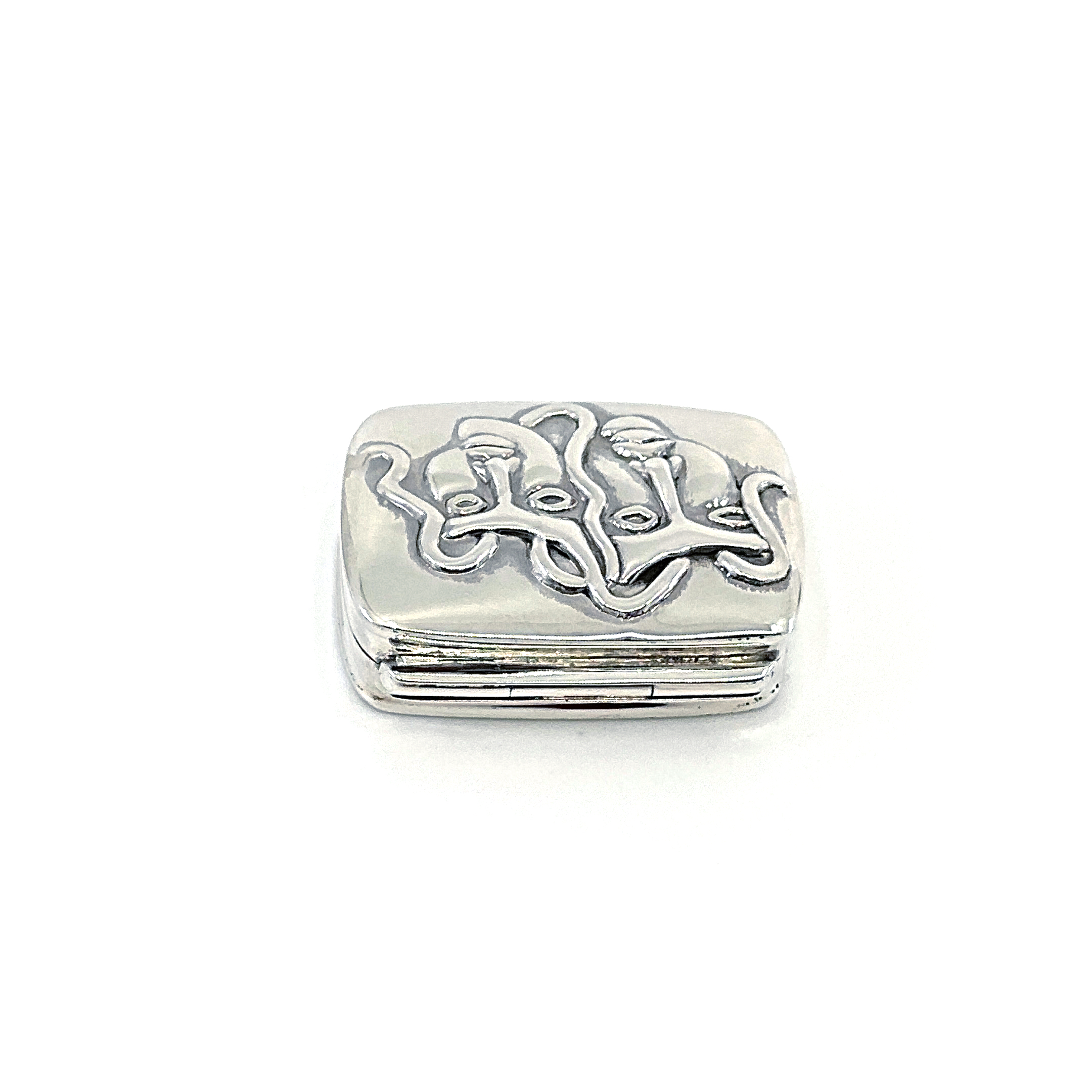 PB492 (3) Comedy and Tragedy Pill Box, finished in 925 English Hallmarked Sterling Silver