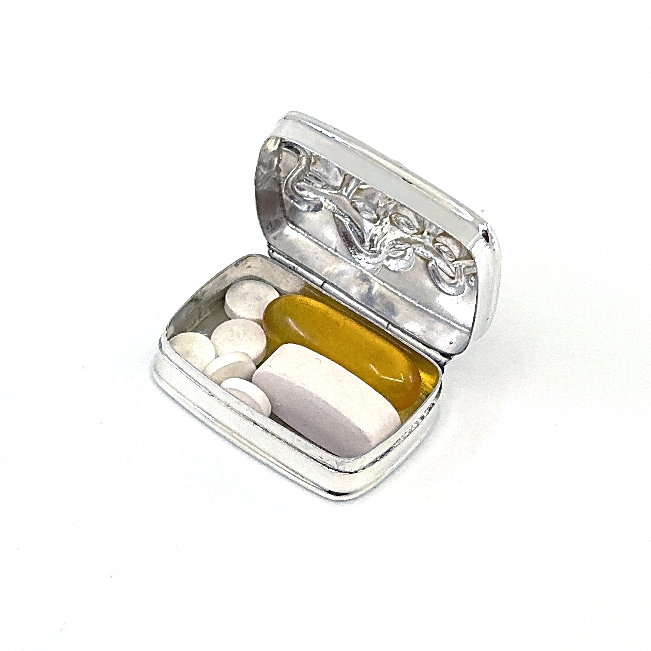 PB492 (4) Comedy and Tragedy Pill Box, finished in 925 English Hallmarked Sterling Silver