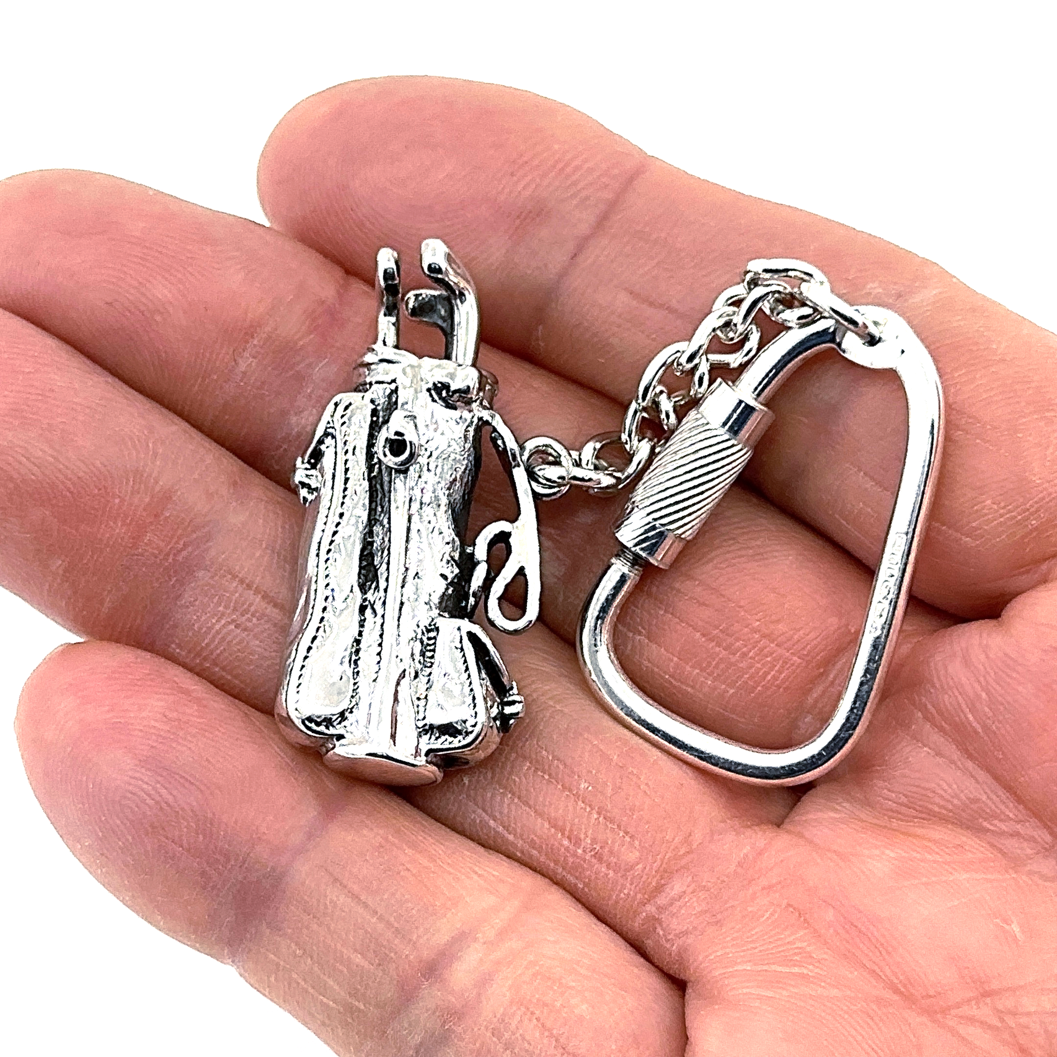 KPT411 (3) Golf Bag Keyring With Detailed Miniature Form And Twist Link Fastening Finished In 925 English Hallmarked Sterling Silver