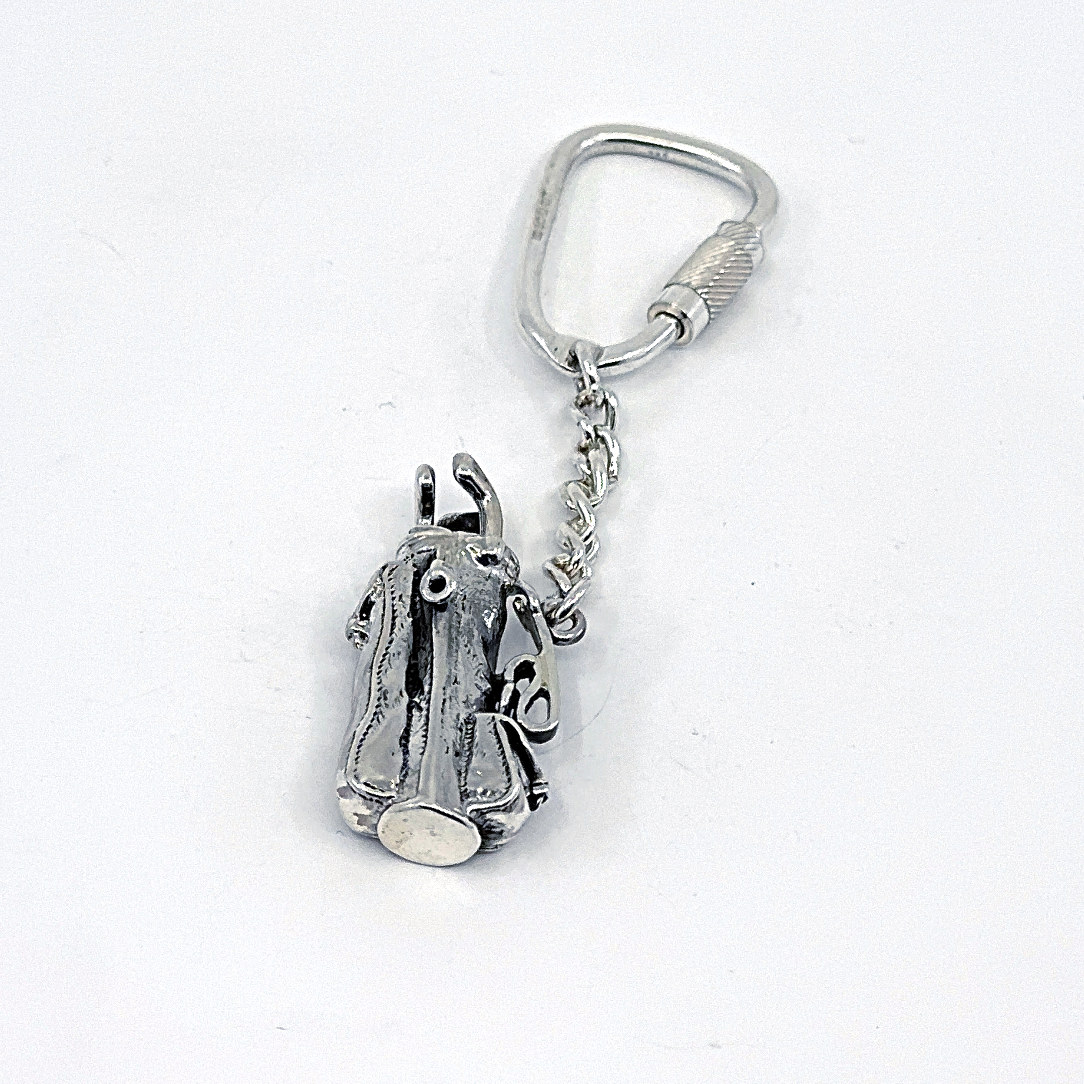 KPT411 (9) Golf Bag Keyring With Detailed Miniature Form And Twist Link Fastening Finished In 925 English Hallmarked Sterling Silver
