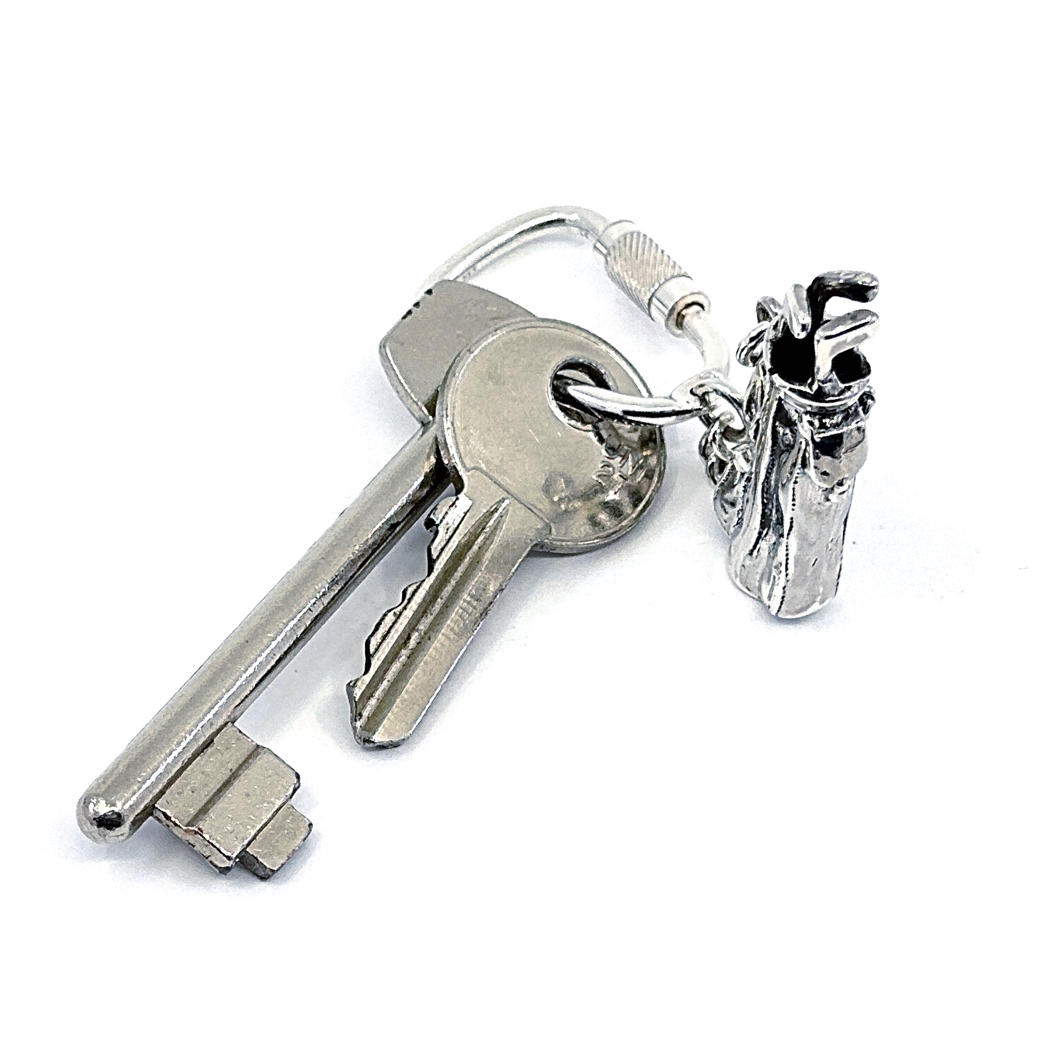 KPT411 (7) Golf Bag Keyring With Detailed Miniature Form And Twist Link Fastening Finished In 925 English Hallmarked Sterling Silver