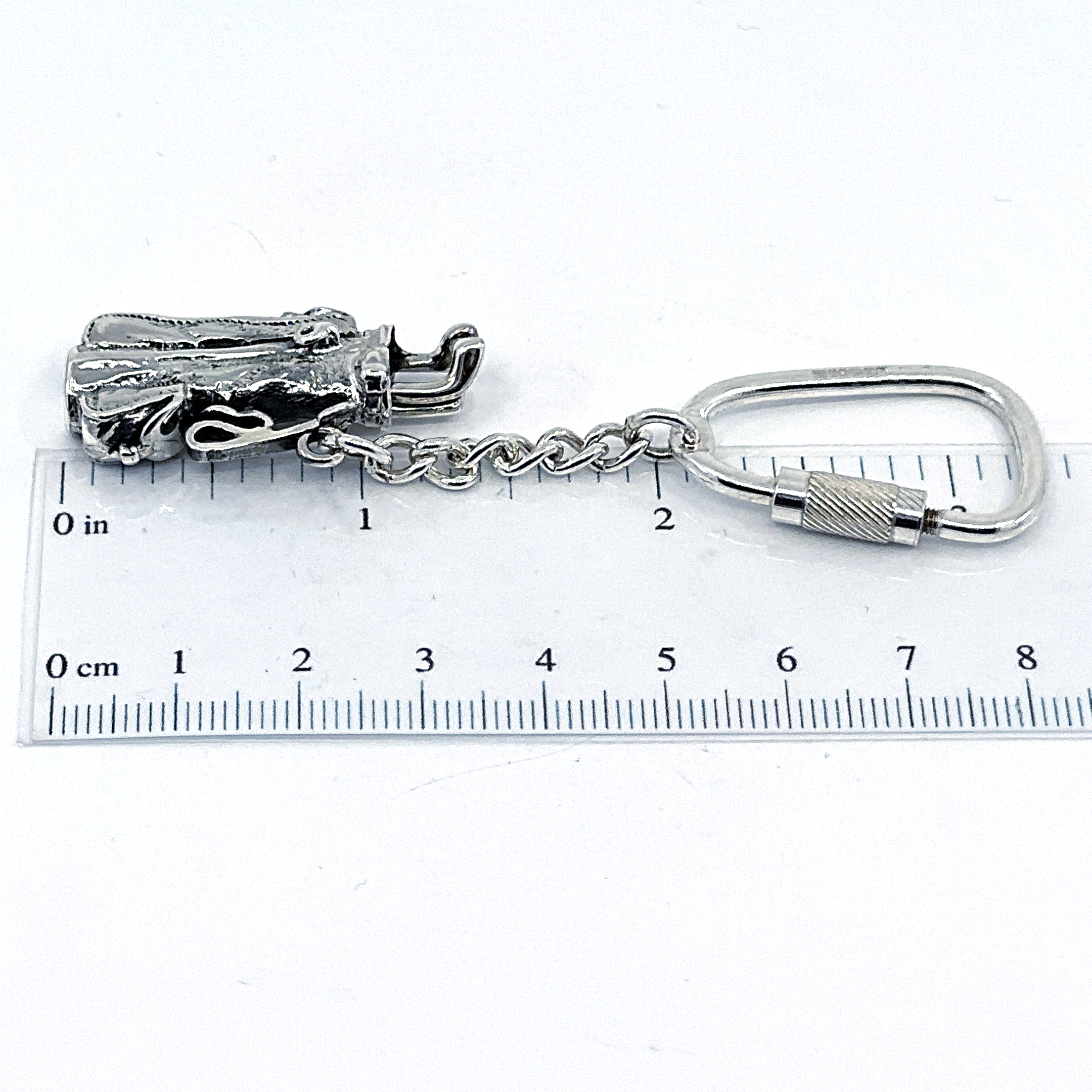 KPT411 (2) Golf Bag Keyring With Detailed Miniature Form And Twist Link Fastening Finished In 925 English Hallmarked Sterling Silver