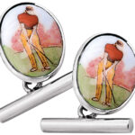 Golfer Chain Link Cufflinks Set With Hand Painted Enamel In 925 English Hallmarked Sterling Silver