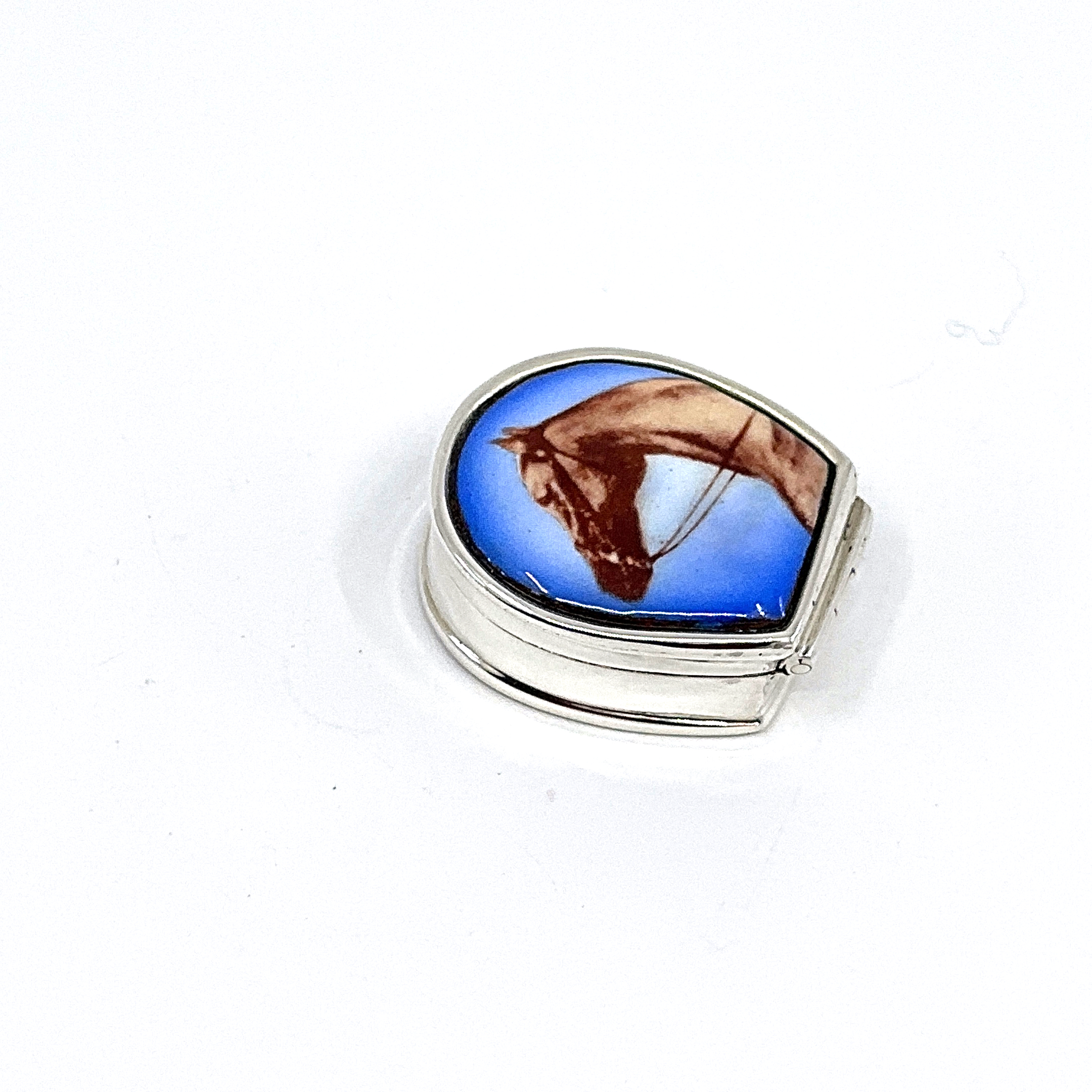 PB301 (10) Horse Head Pill Box With Hand Painted Enamel Finished In 925 English Hallmarked Sterling Silver