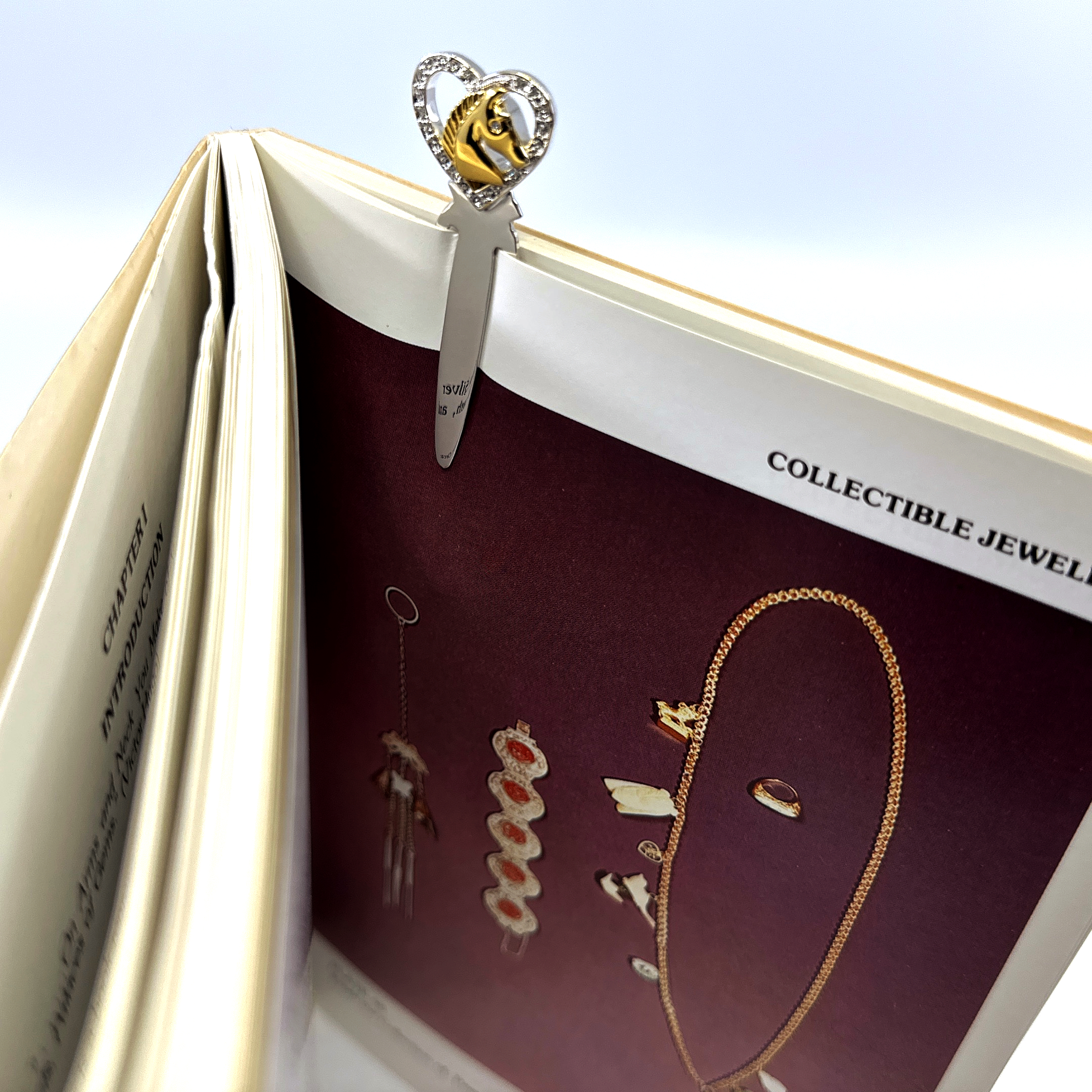 JGT29 (5) Horse Head In Heart Bookmark Gold And Rhodium Plated Metal Alloy With Sparkling Czech Crystals