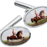 Hunting Horse Chain Link Cufflinks Set With Hand Painted Enamel In 925 English Hallmarked Sterling Silver