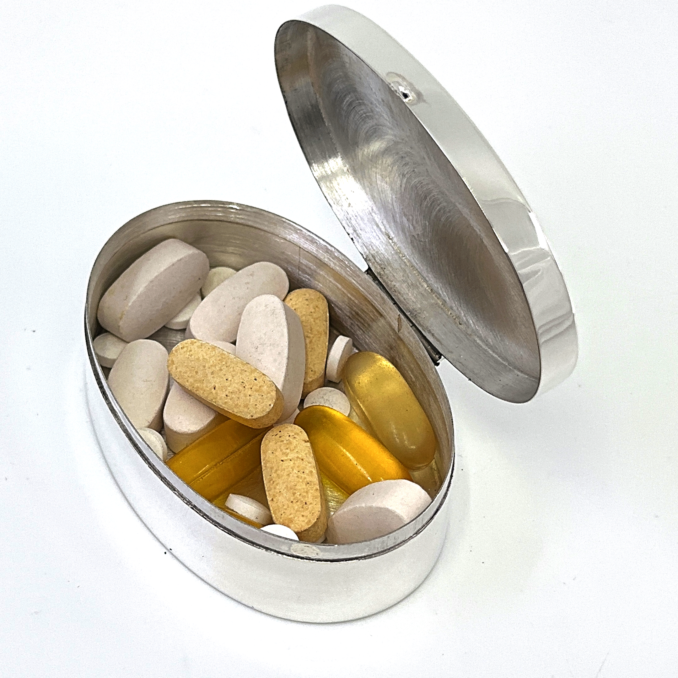 PB466 (2) Large Plain Oval Pill Box, finished in 925 English Hallmarked Sterling Silver
