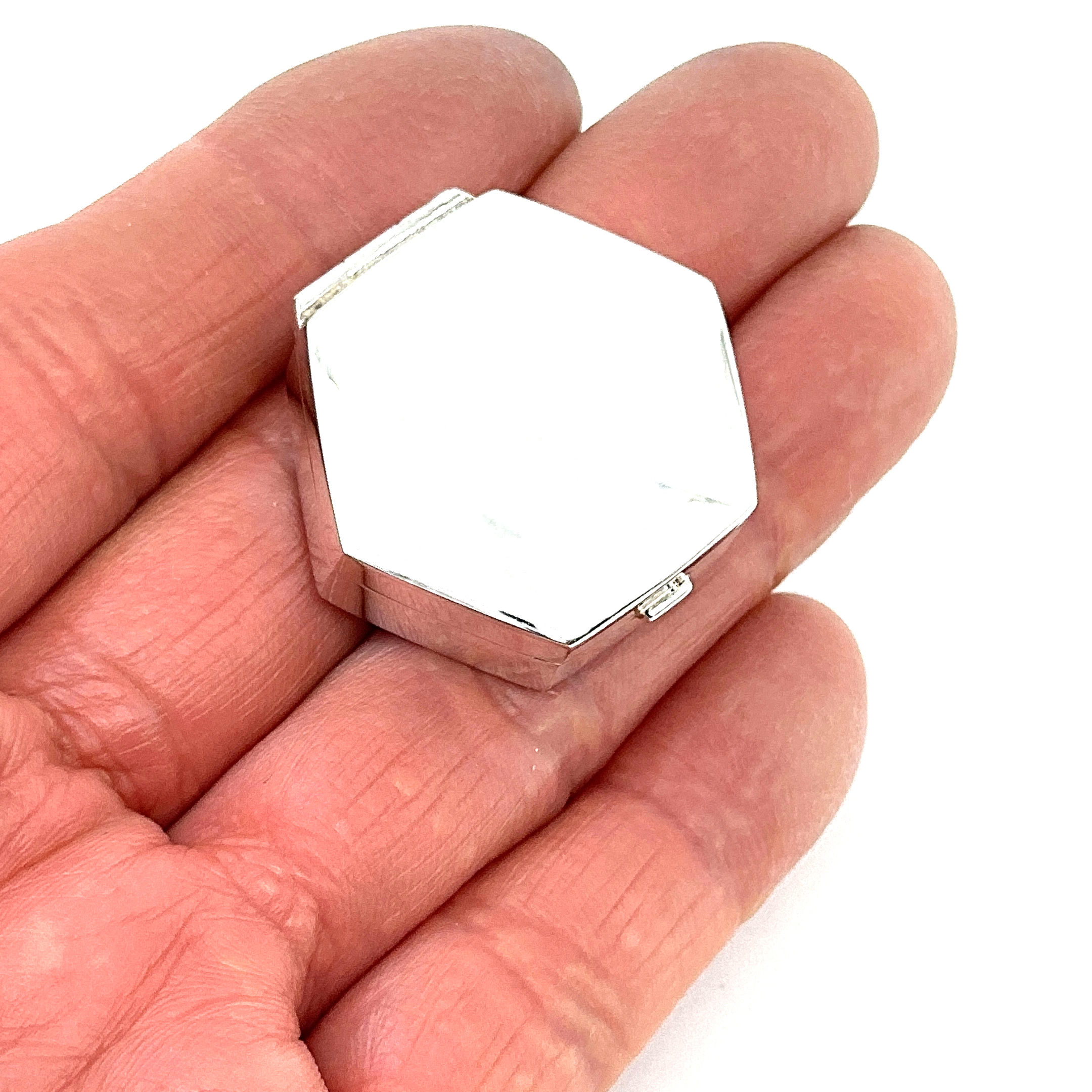 PB422 (7) Medium Plain Hexagonal Pill Box finished in 925 English Hallmarked Sterling Silver