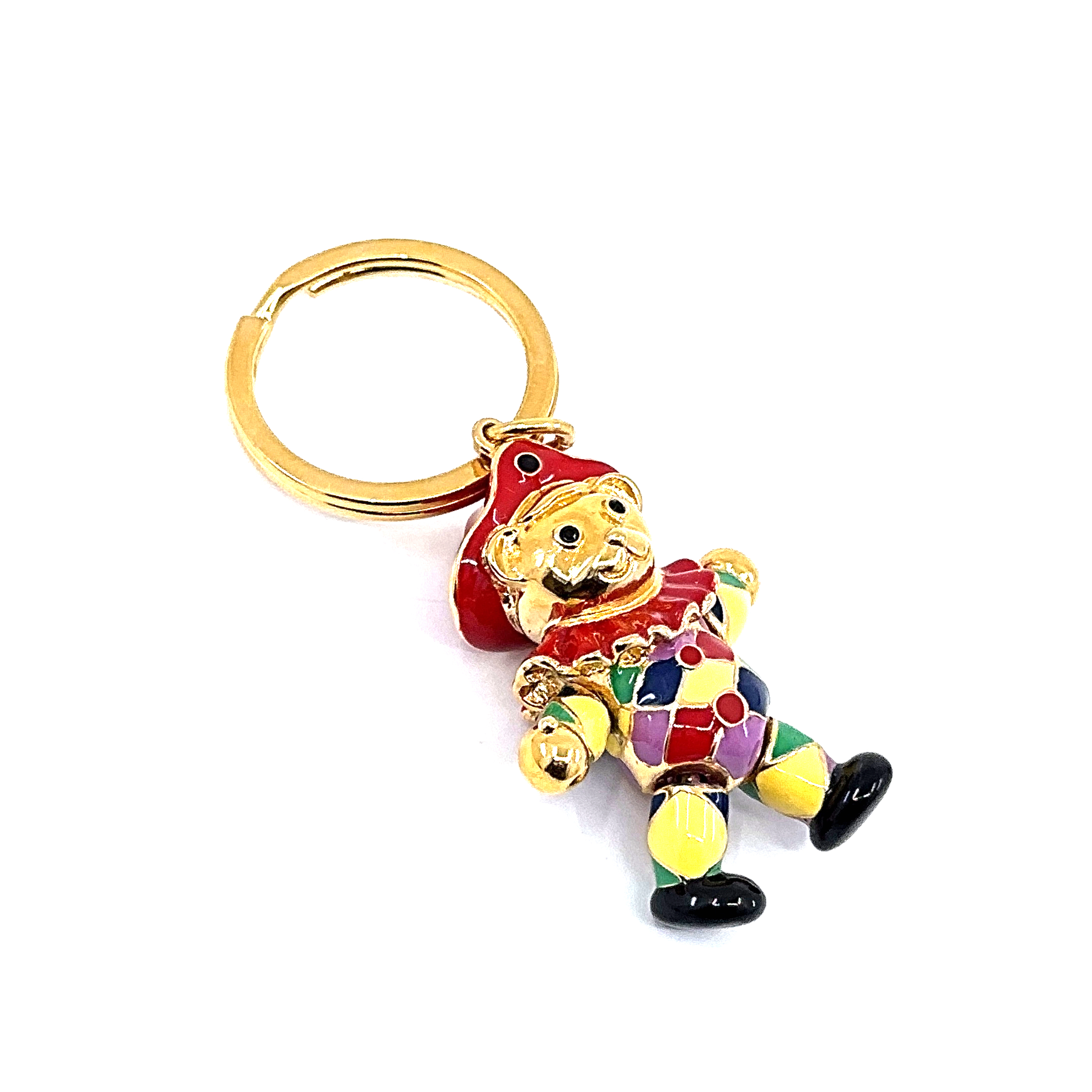 JK7 (3) Moving Harlequin Teddy Key Ring Gold Plated Metal Alloy Set With Enamel And Czech Crystals