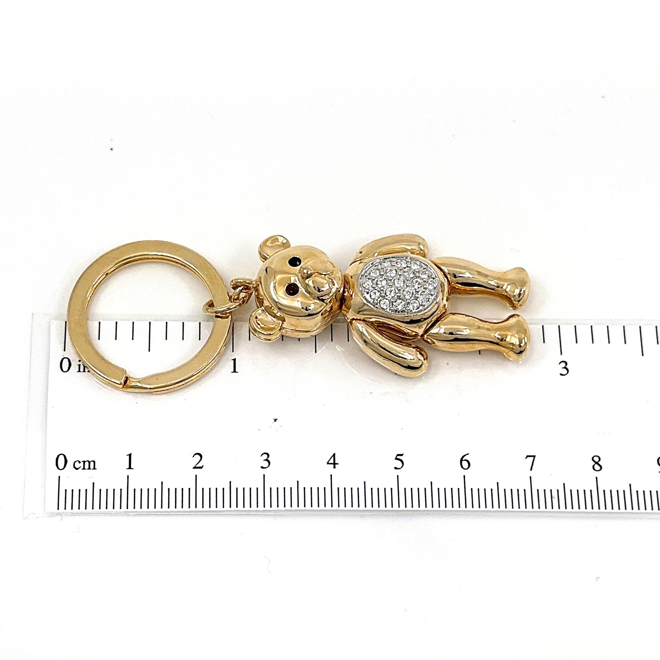 JK10 (3) Moving Teddy Key Ring Gold Plated Metal Alloy With Clear And Black Sparkling Czech Crystals