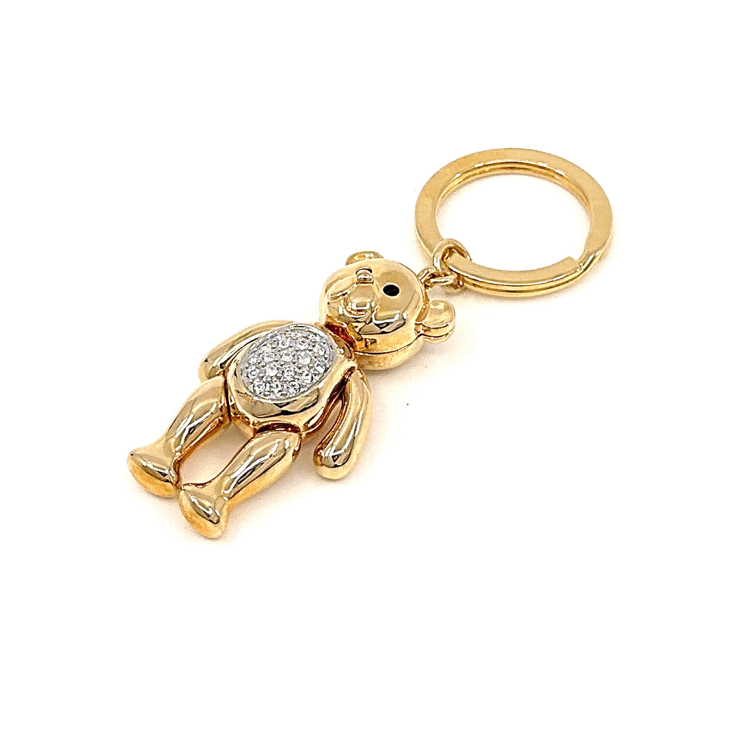 JK10 (5) Moving Teddy Key Ring Gold Plated Metal Alloy With Clear And Black Sparkling Czech Crystals