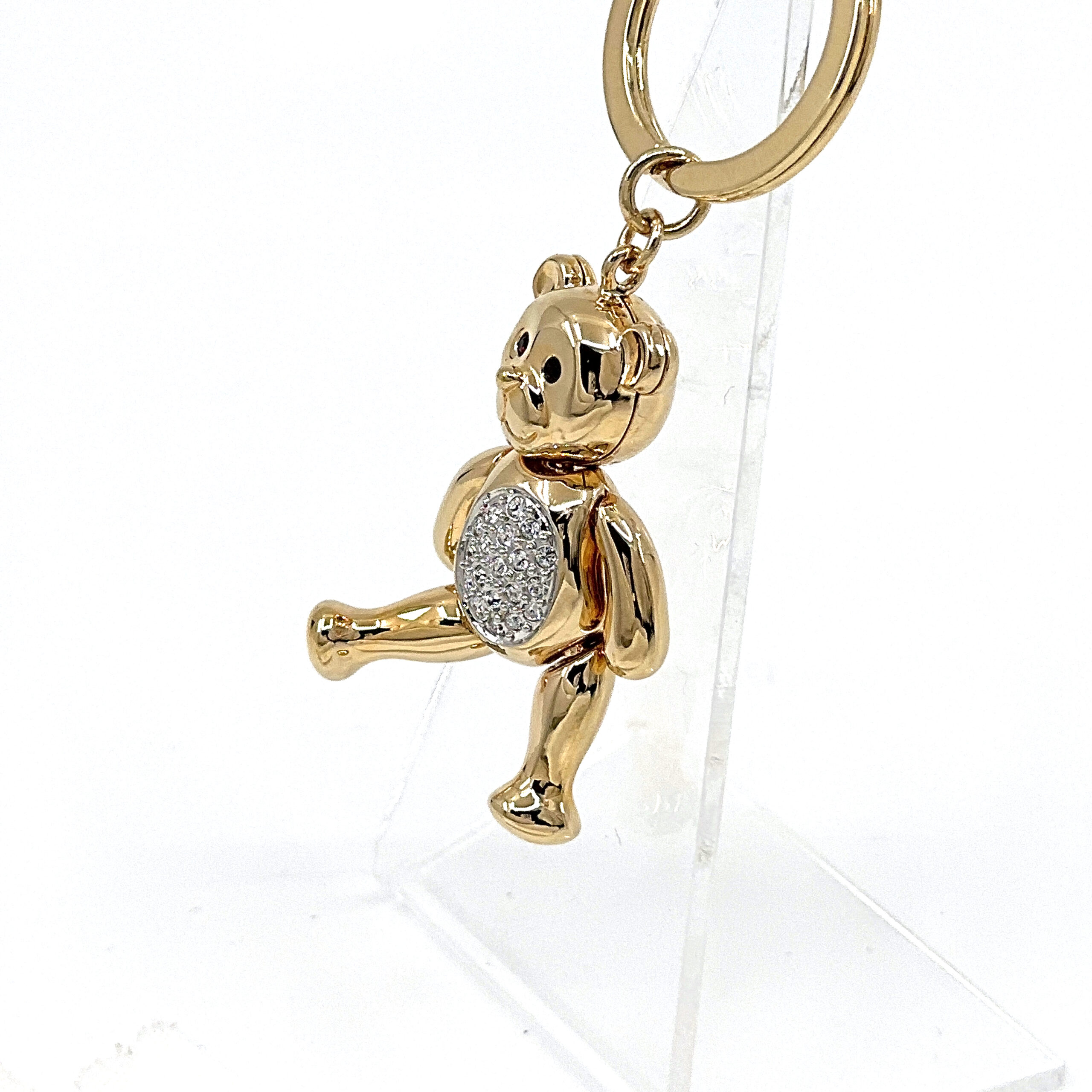 JK10 (9) Moving Teddy Key Ring Gold Plated Metal Alloy With Clear And Black Sparkling Czech Crystals