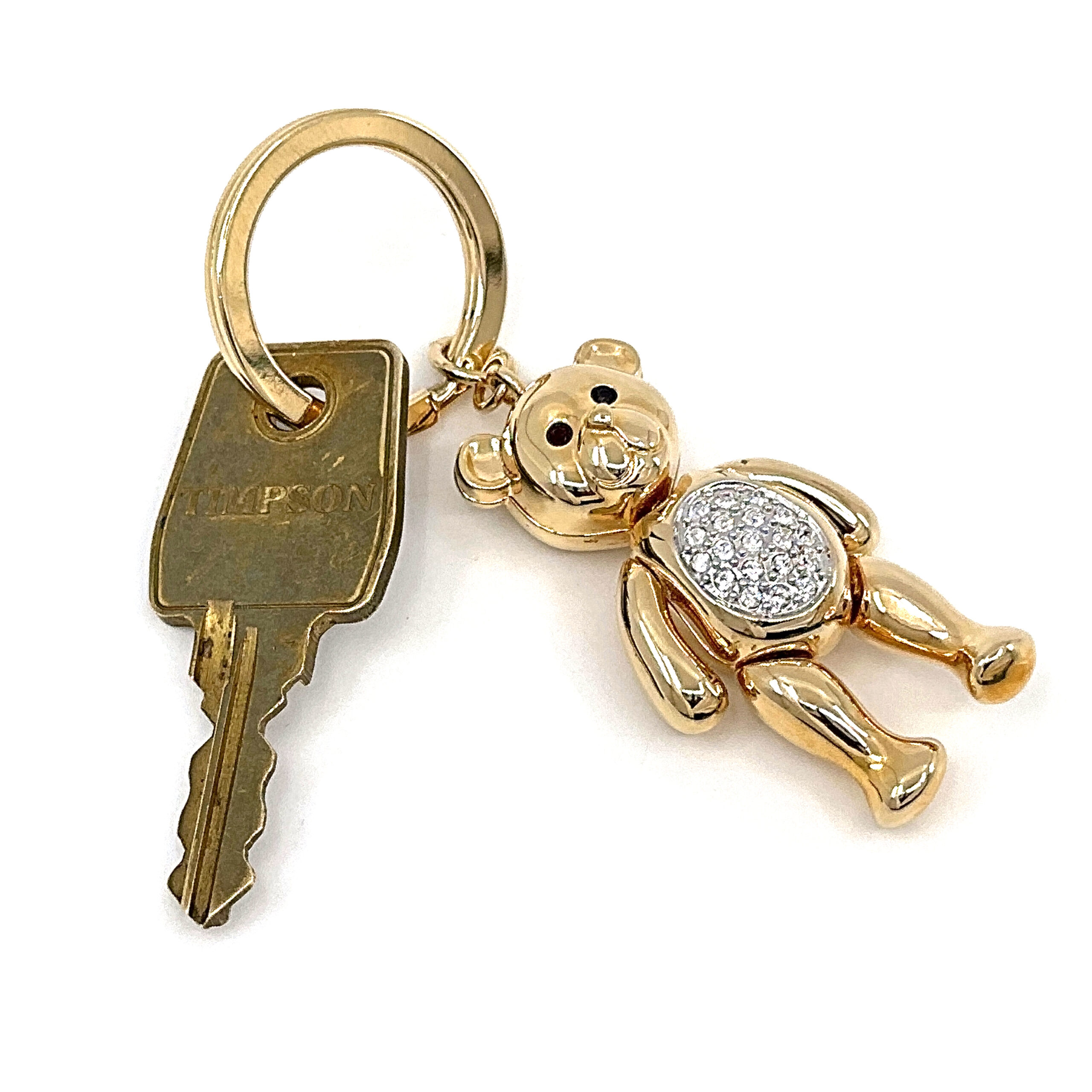 JK10 (4) Moving Teddy Key Ring Gold Plated Metal Alloy With Clear And Black Sparkling Czech Crystals