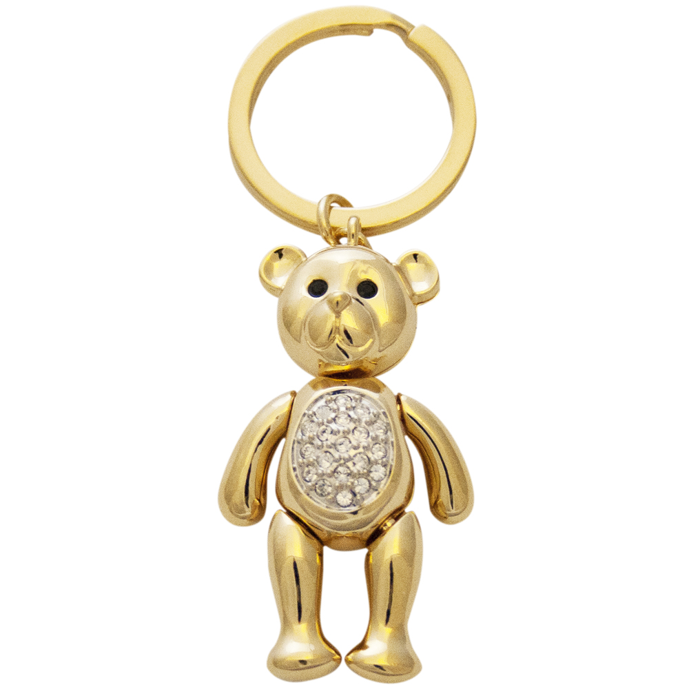 JK10 Moving Teddy Key Ring Gold Plated Metal Alloy With Clear And Black Sparkling Czech Crystals