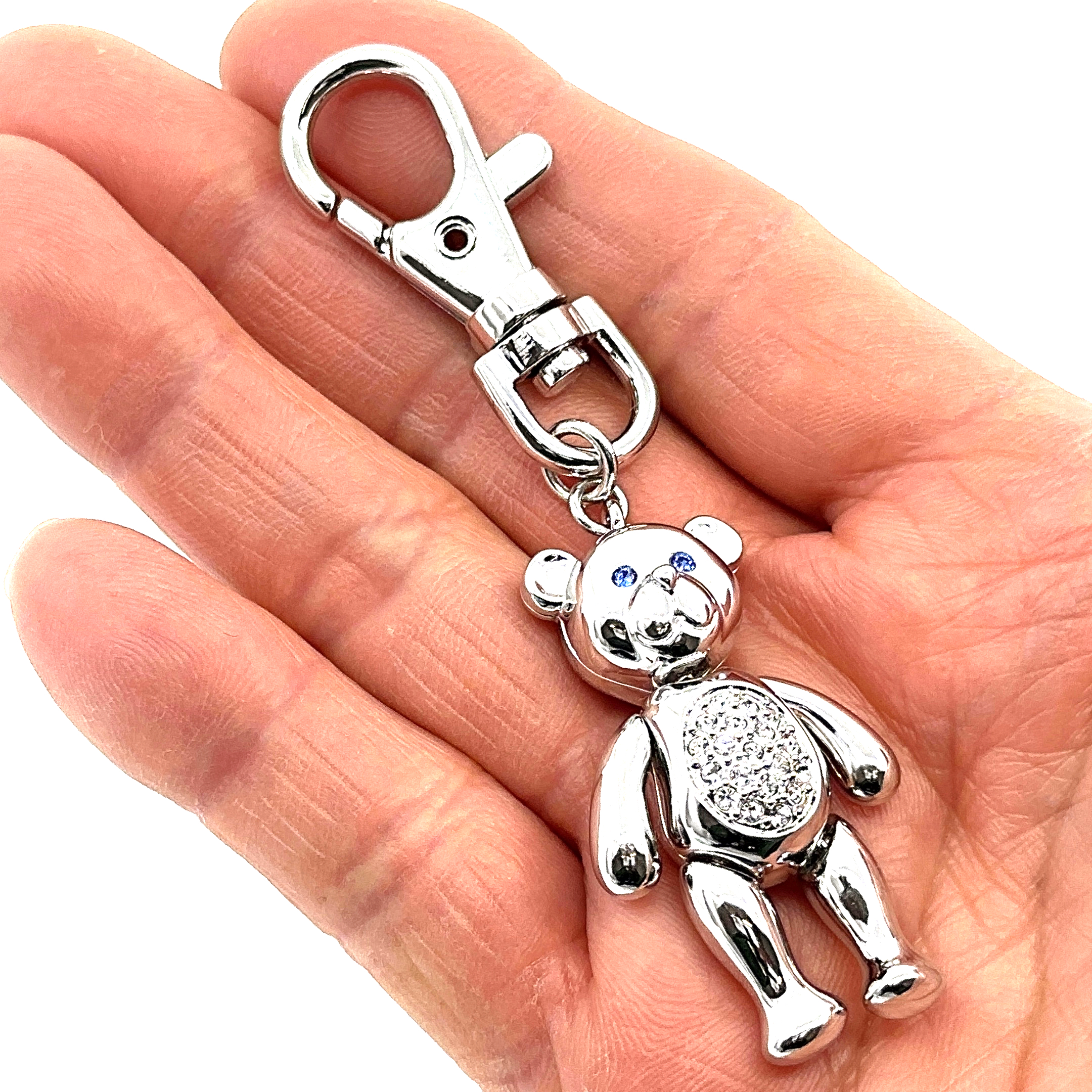JK9 (1) Moving Teddy Key Ring Rhodium Plated Metal Alloy Set With Czech Crystals