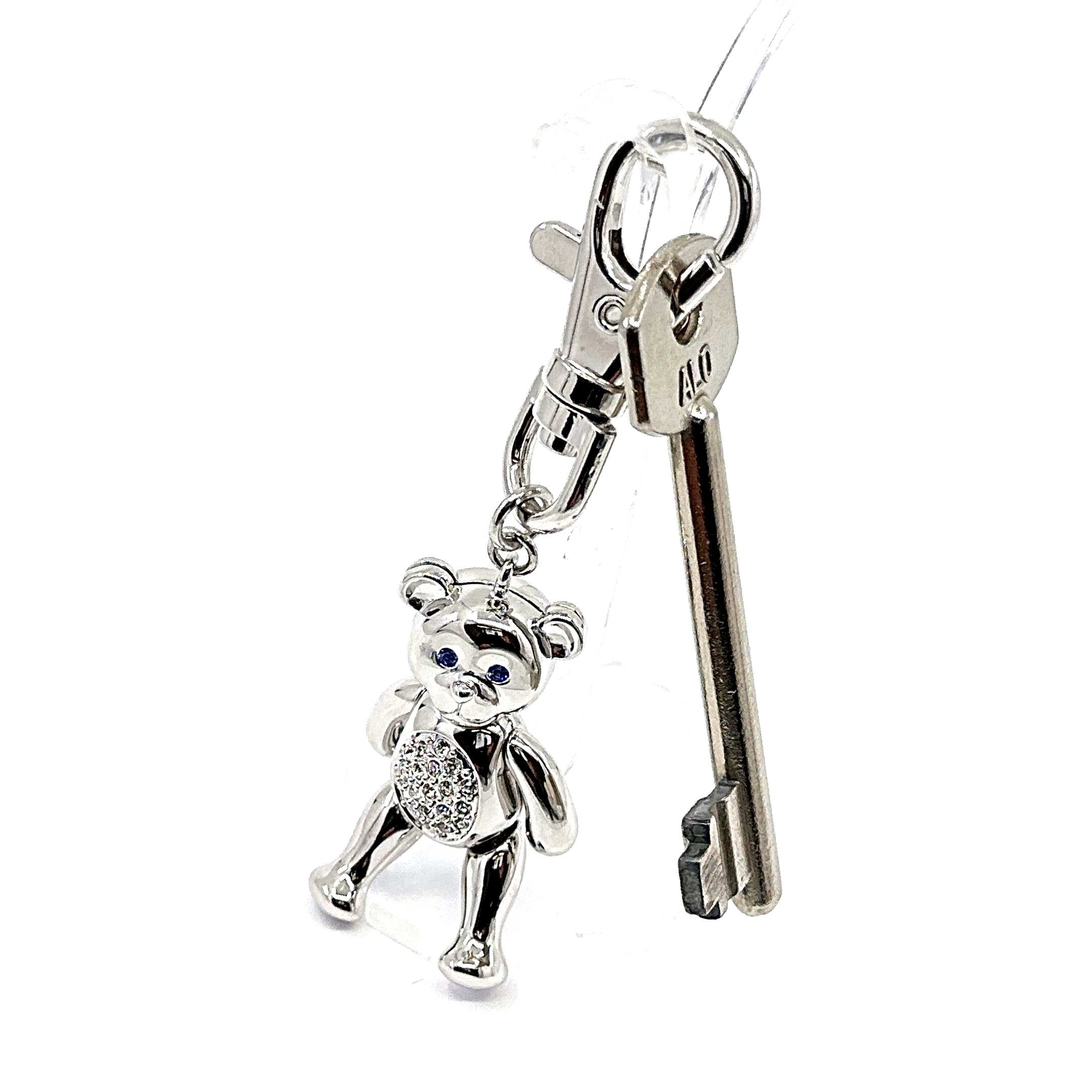 JK9 (5) Moving Teddy Key Ring Rhodium Plated Metal Alloy Set With Czech Crystals
