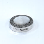 Oval Pill Box With Mother Of Pearl And Marcasite Finished In 925 English Hallmarked Sterling Silver 5 Oval Pill Box With Mother Of Pearl And Marcasite Finished In 925 English Hallmarked Sterling Silver