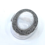 Oval Pill Box With Mother Of Pearl And Marcasite Finished In 925 English Hallmarked Sterling Silver 7 Oval Pill Box With Mother Of Pearl And Marcasite Finished In 925 English Hallmarked Sterling Silver
