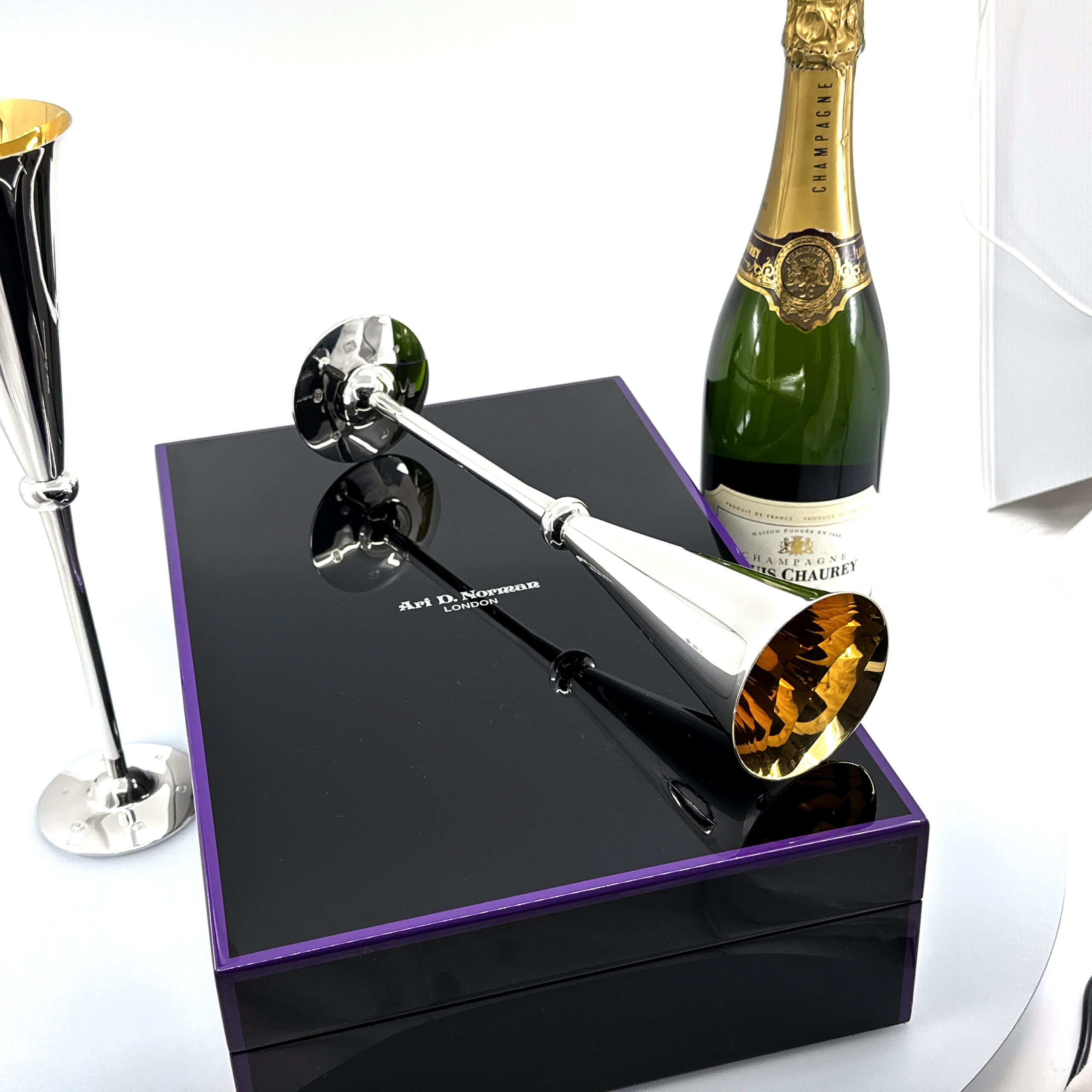 BOX27 (5) Pair Of Champagne Flutes With Gilded Interior, finished in 925 English Hallmarked Sterling Silver