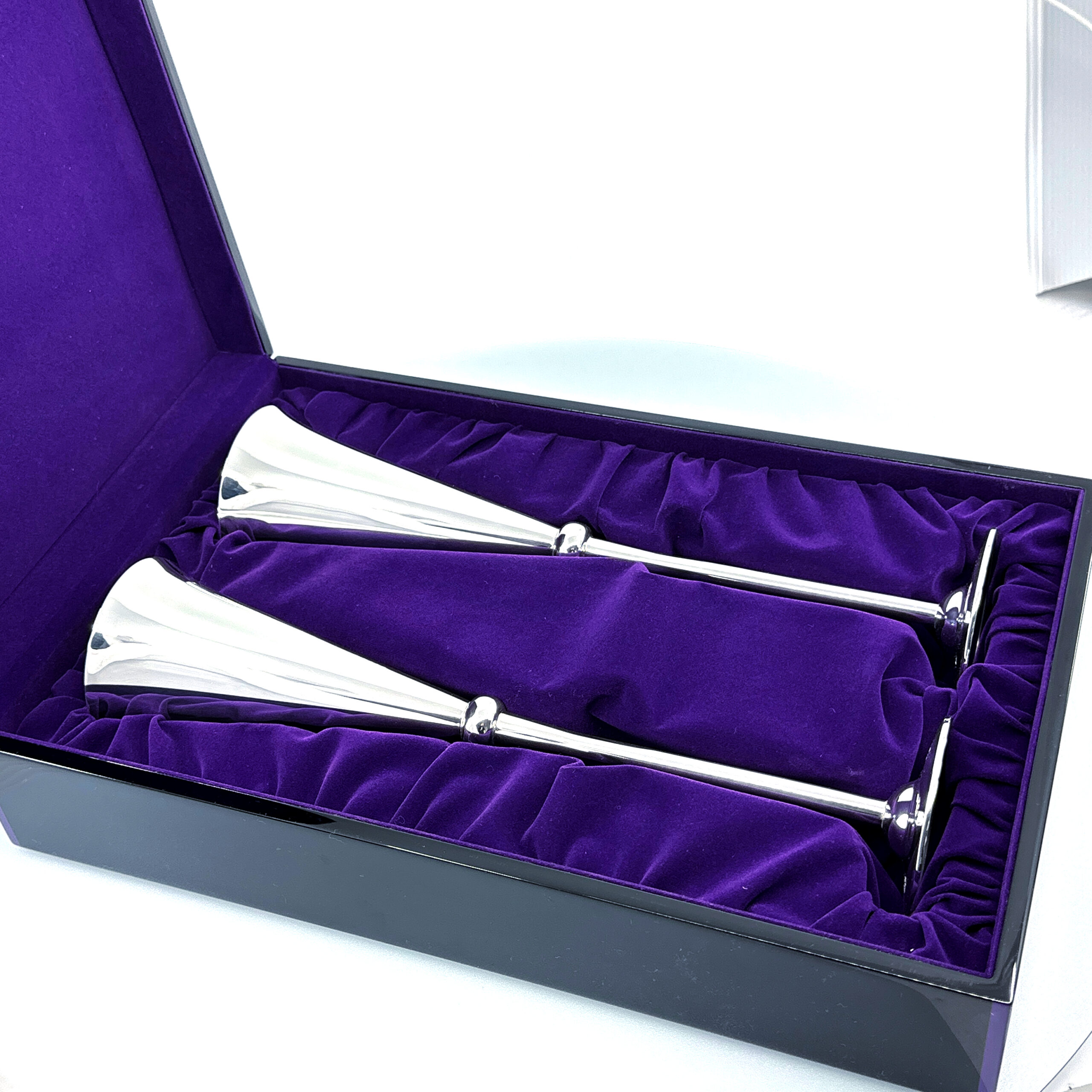 BOX27 (1) Pair Of Champagne Flutes With Gilded Interior, finished in 925 English Hallmarked Sterling Silver