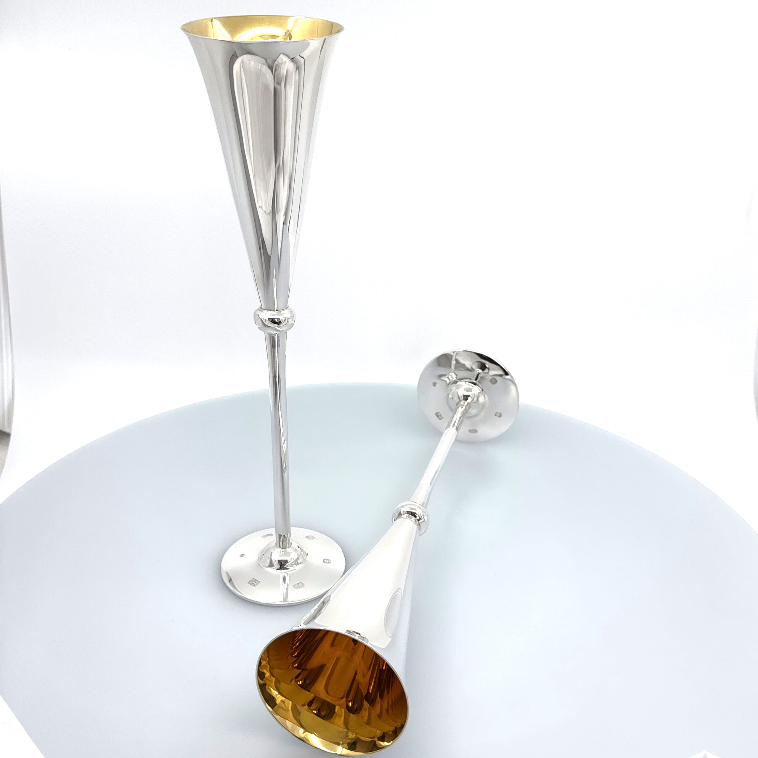 BOX27 (6) Pair Of Champagne Flutes With Gilded Interior, finished in 925 English Hallmarked Sterling Silver
