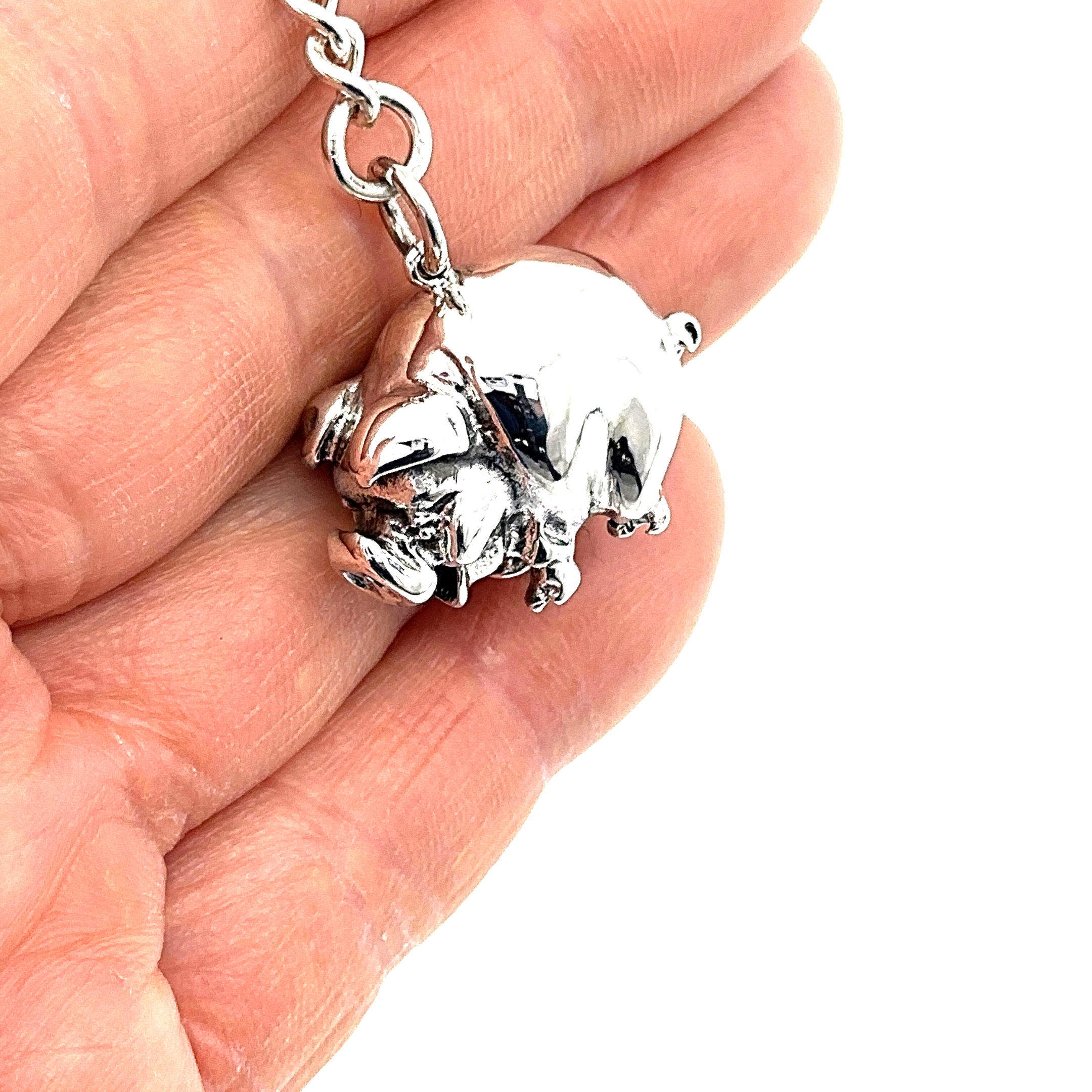KPT410 (7) Pig Keyring With Rounded Animal Form And Twist Link Fastening Finished In 925 English Hallmarked Sterling Silver