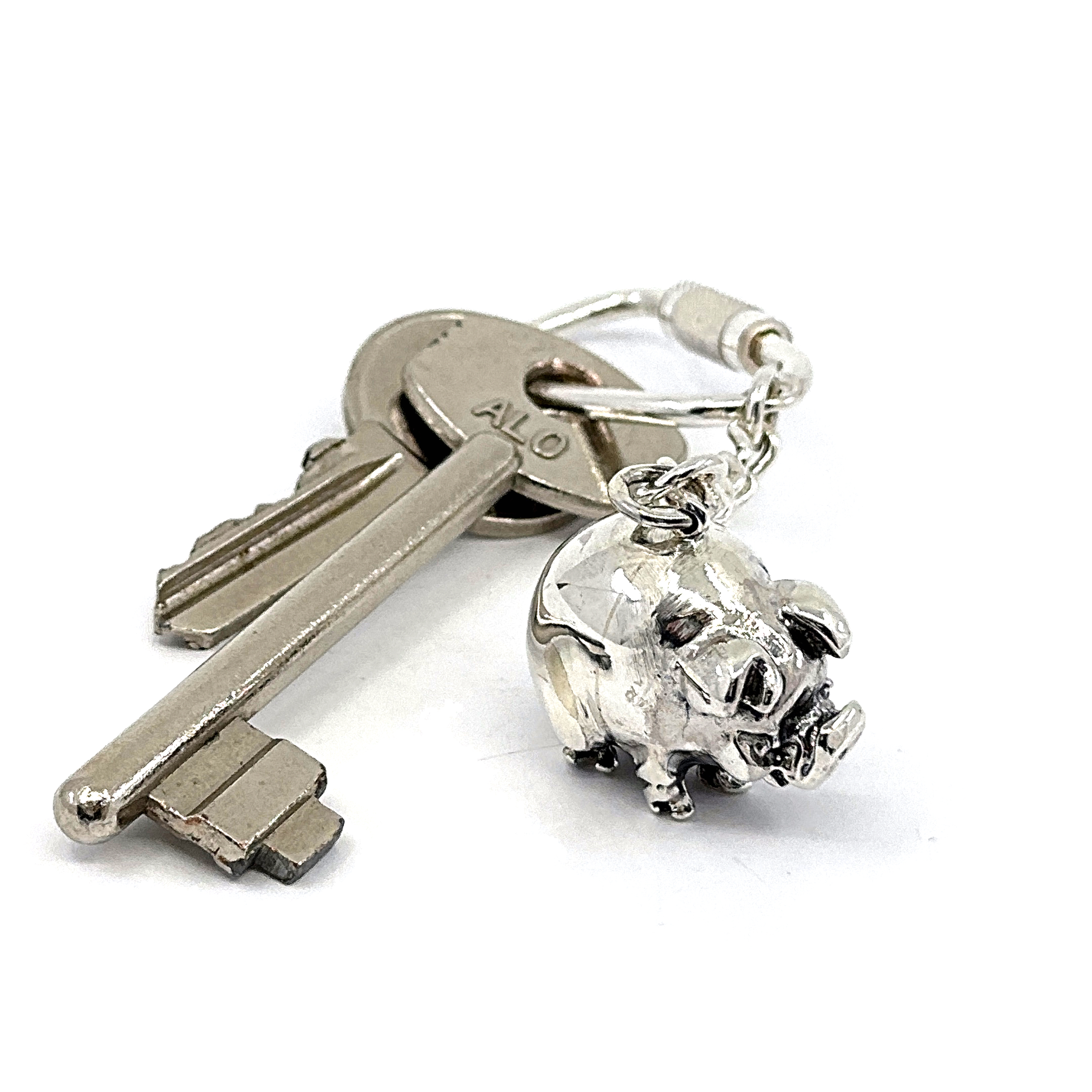 KPT410 (6) Pig Keyring With Rounded Animal Form And Twist Link Fastening Finished In 925 English Hallmarked Sterling Silver