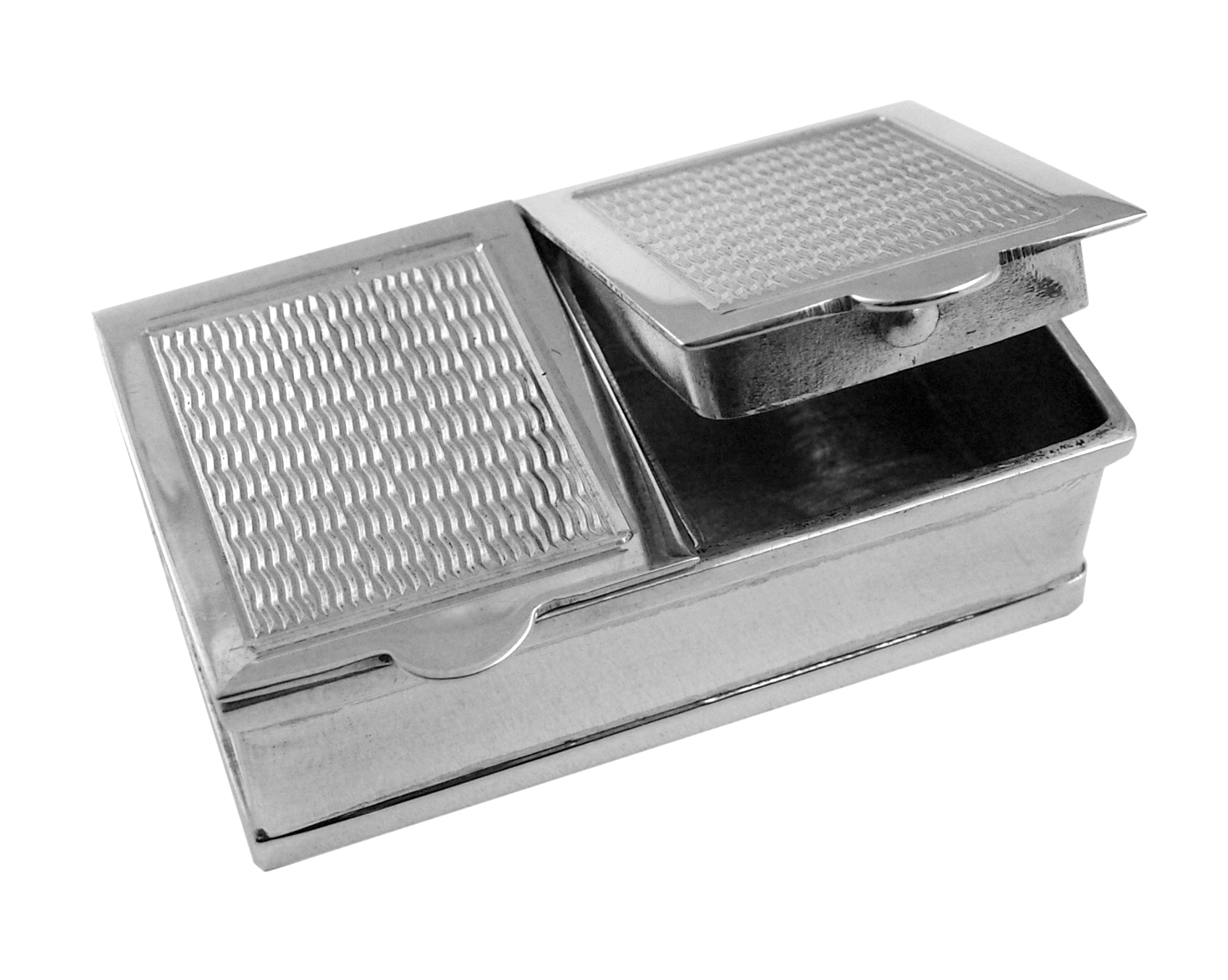 SAMSUNG DIGITAL CAMERA Rectangular Double Compartment Engine Turned Pill Box, finished in 925 English Hallmarked Sterling Silver