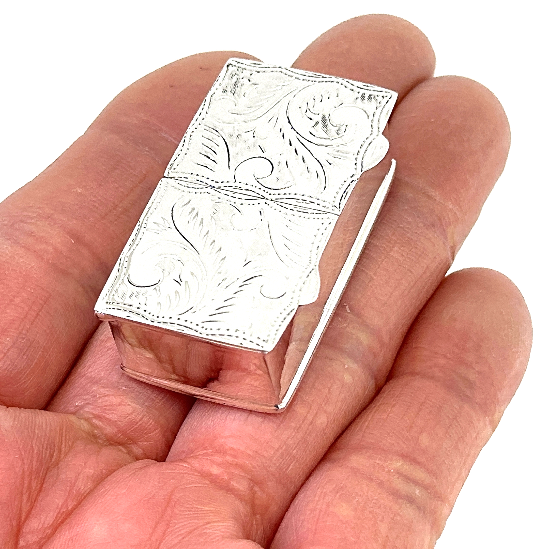 PB451 (6) Rectangular Double Compartment Engraved Pill Box, finished in 925 English Hallmarked Sterling Silver