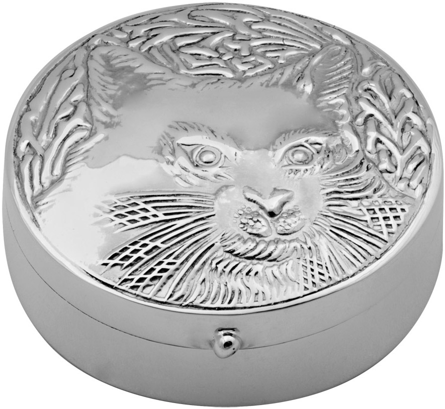 PB526_1 (1) Round Cat Face Pill Box, finished in 925 English Hallmarked Sterling Silver