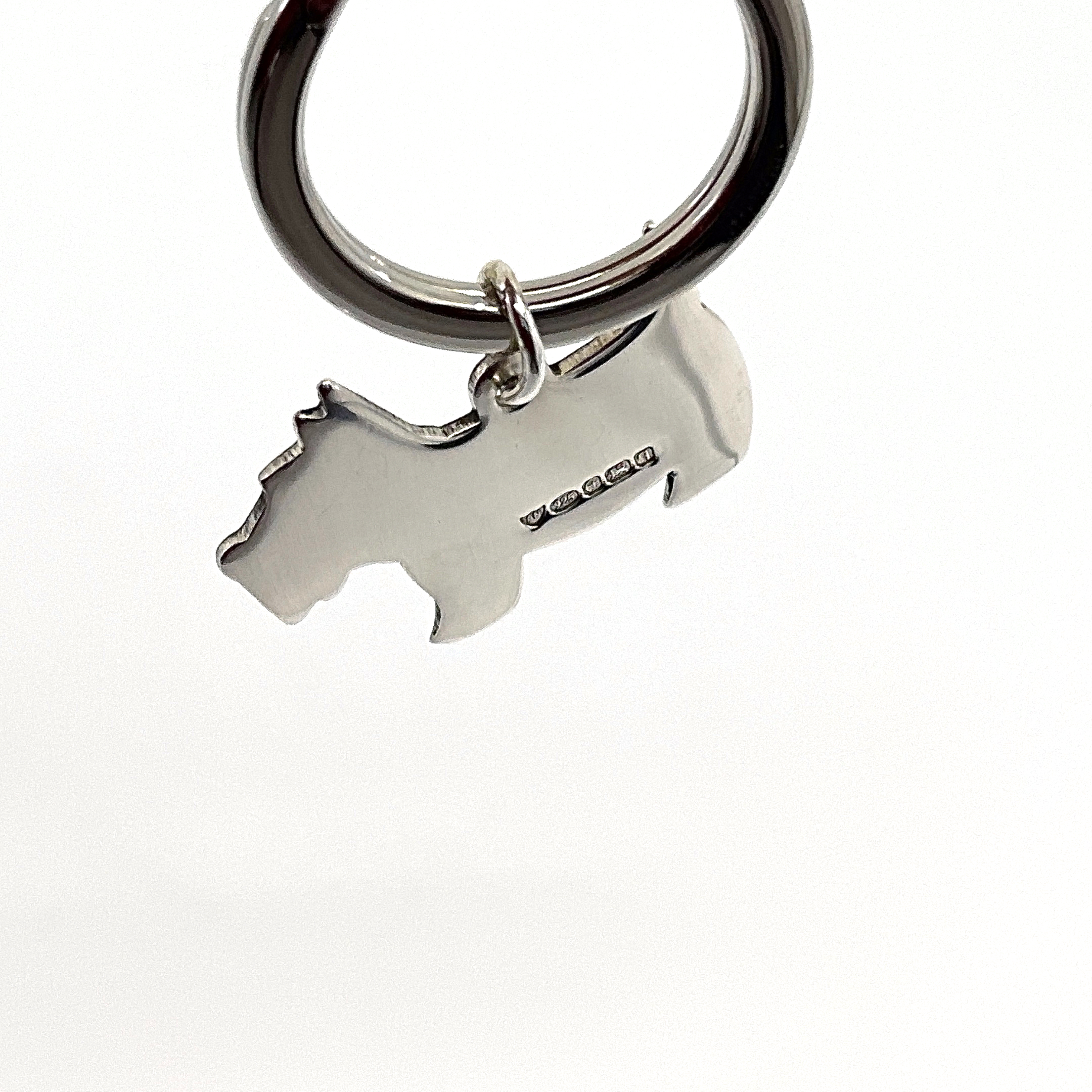 K399 (6) Scottie Dog Collar Tag Keyring With Engravable Canine Silhouette Finished In 925 English Hallmarked Sterling Silver