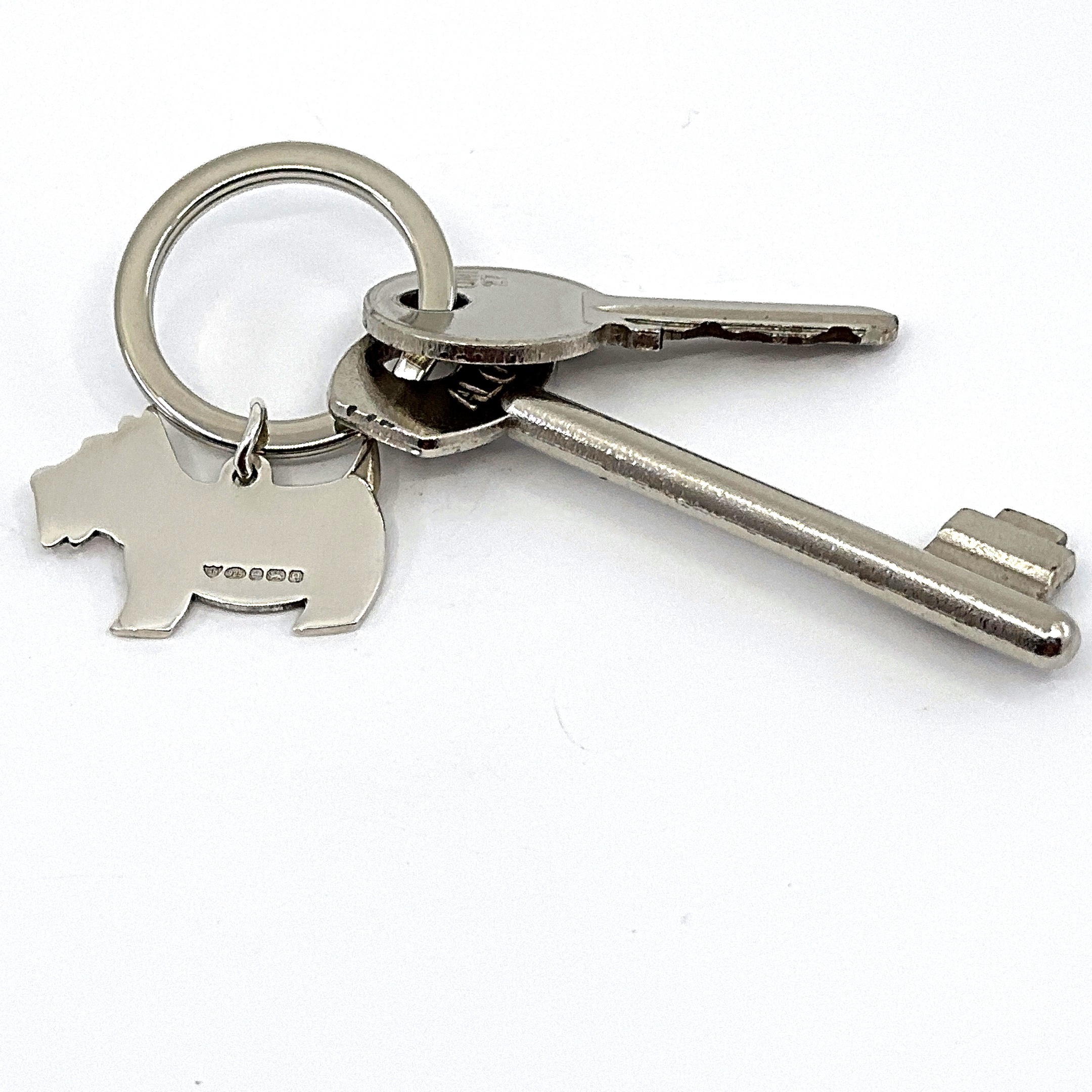 K399 (2) Scottie Dog Collar Tag Keyring With Engravable Canine Silhouette Finished In 925 English Hallmarked Sterling Silver