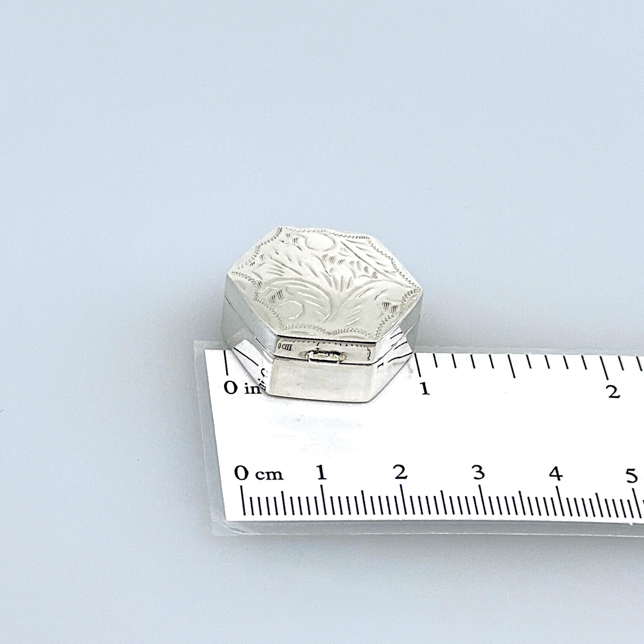 PB414 (7) Small Engraved Hexagonal Pill Box, finished in 925 English Hallmarked Sterling Silver