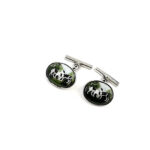 Two Dogs Chain Link Cufflinks Set With Hand Painted Enamel In 925 English Hallmarked Sterling Silver