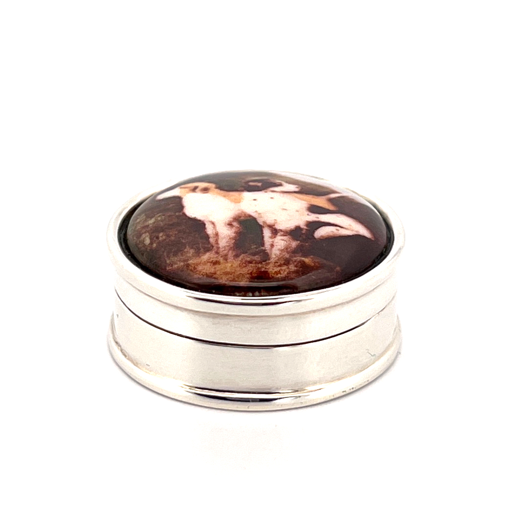 PB300 (9) Two Dogs Pill Box With Hand Painted Enamel Finished In 925 English Hallmarked Sterling Silver