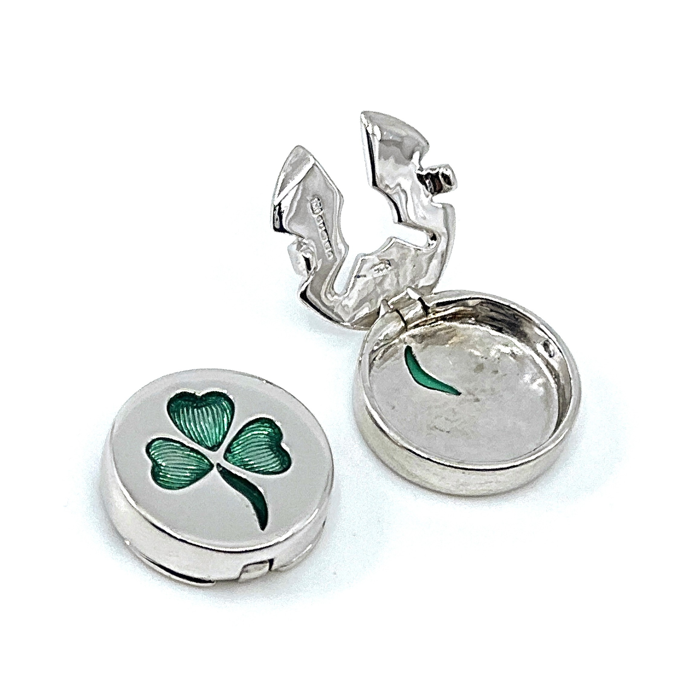 GT2059 (6) 3 Leaf Clover Button Covers With Green Enamel Finished In 925 English Hallmarked Sterling Silver