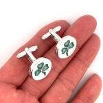 Three Leaf Clover Torpedo Cufflinks In 925 English Hallmarked Sterling Silver With Green Enamel