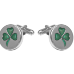 Three Leaf Clover Torpedo Cufflinks In 925 English Hallmarked Sterling Silver With Green Enamel