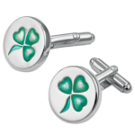 Three Leaf Clover Torpedo Cufflinks In 925 English Hallmarked Sterling Silver With Green Enamel