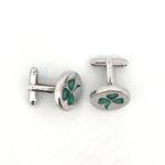 Three Leaf Clover Torpedo Cufflinks In 925 English Hallmarked Sterling Silver With Green Enamel