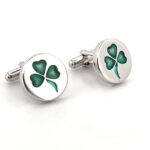 Three Leaf Clover Torpedo Cufflinks In 925 English Hallmarked Sterling Silver With Green Enamel