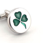 Three Leaf Clover Torpedo Cufflinks In 925 English Hallmarked Sterling Silver With Green Enamel